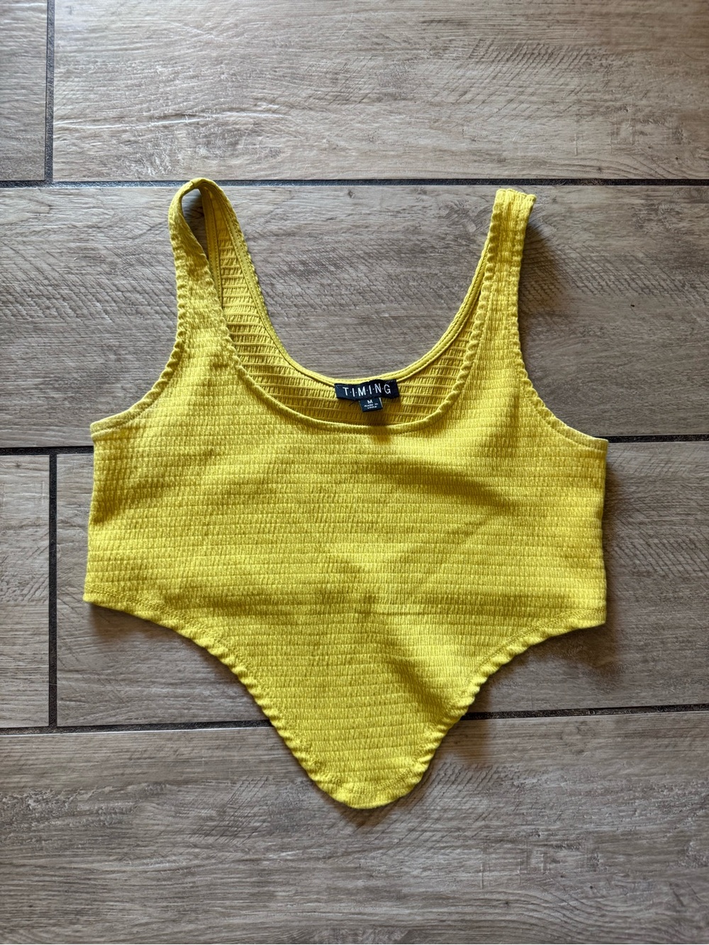 Timing Bright Yellow Ribbed Pointed Hem Crop Tank